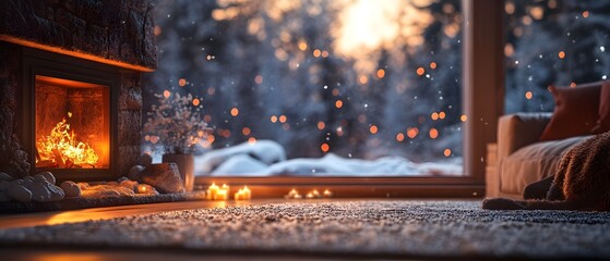 Cozy living room with a glowing fireplace on a snowy winter day