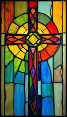 Cross . Colorful stained glass window. Multicolored interior design template. Oil painting