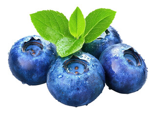 Obraz premium Blueberries with leaves. Fresh berries isolated on transparent background. Appetizing delicious dessert. Benefits and vitamins. Color photo.