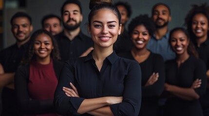Smiling business team standing together for a photograph portrait session