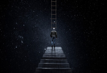 Photomontage. Climbing the ladder to space