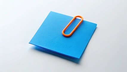 Close Up Blue Post It Note with Orange Paperclip, Minimalist Stationery Photography, White Background, Copy Space