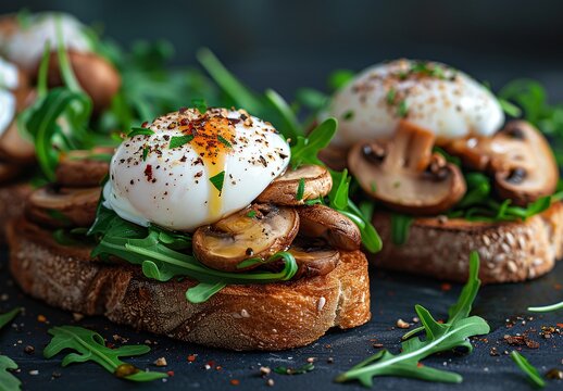 Close-up of delicious poached egg and mushroom toast. Savory flavors and textures. - Powered by Adobe