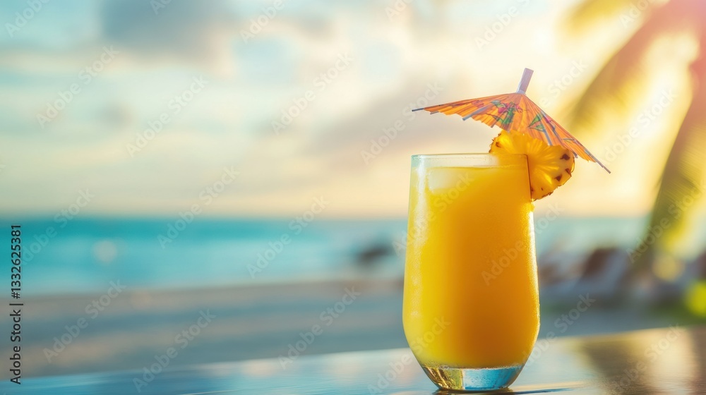 Poster exotic cocktail with pineapple slices and umbrella at a beach during sunset generative ai