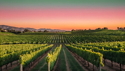 Naklejka premium Sunset Vineyard Rows with Mountain Backdrop