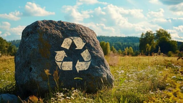 A large boulder in a green field features a carved recycling symbol under a bright sky with fluffy clouds