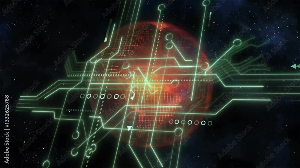 Poster animation of digital circuit lines and data processing over red planet in space