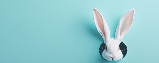 Naklejka premium Głowa królika wystająca z sziiury w kartce, motyw wielkanocny. Rabbit head sticking out of a hole in a piece of paper, Easter motif.