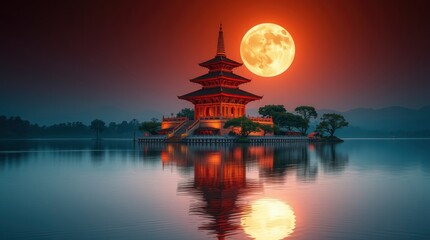 Obraz premium Serene Pagoda Lake Sunset with Giant Moon Reflection