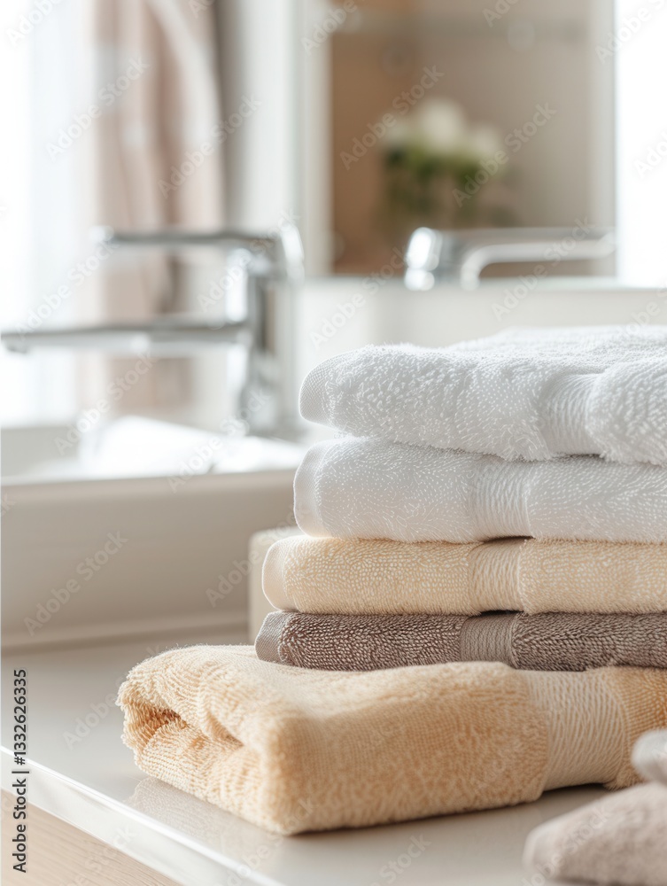 Aufkleber Neatly folded towels arranged on a countertop creating a cozy and clean atmosphere in a bathroom perfect for hotels and spa salons Generative AI