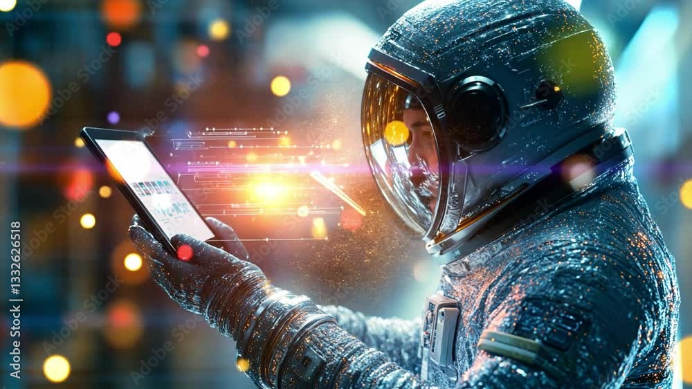 Poster exploring technology in space with an astronaut using a tablet in a futuristic environment