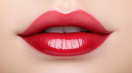 Obraz premium A stunning close-up of lips with a flawless ombre lipstick effect, transitioning from deep red at the edges to soft pink in the center. 