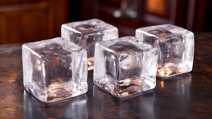 Four large ice cubes are arranged on a reflective surface