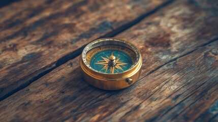 Antique Compass on Rustic Wooden Surface: A Symbol of Exploration and Guidance