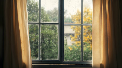Rainy Day View from an Old Window with Curtains Blowing Gently
