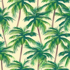 A seamless repeated pattern of palm trees against a white background