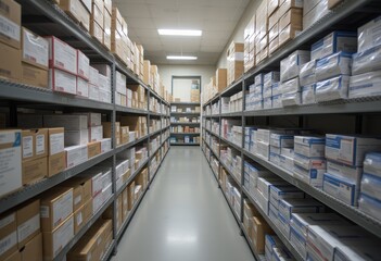 Warehouse interior with rows of shelves stocked with boxes demonstrating a well-managed storage system