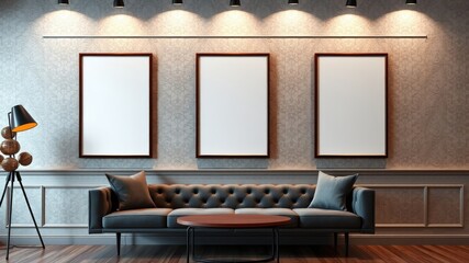 Elegant Living Room with Three Blank Frames and Modern Sofa