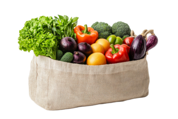 Burlap bag full of colorful fresh vegetables and fruits, cut out transparent