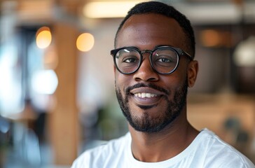 Obraz premium Portrait of a smiling Black man wearing glasses. He has a short beard and is wearing a white shirt.