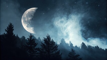 Fototapeta premium Mysterious half moon glowing softly over a deep forest nighttime landscape photography enigmatic atmosphere serenity surreal viewpoint