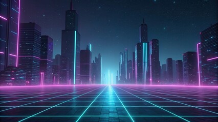 Dynamic cyberpunk cityscape at night futuristic urban environment digital art neon lights and holograms wide-angle viewpoint modern conceptual design for immersive experiences
