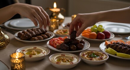 Family and friends enjoy a variety of Mediterranean dishes at a cozy table with candles