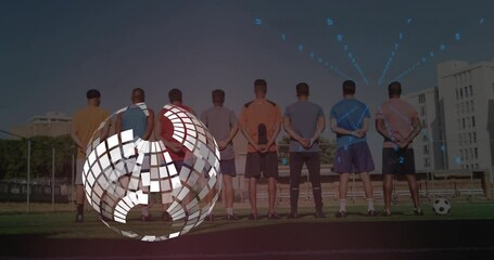 Team of soccer players standing on field with digital data animation overlay - Powered by Adobe