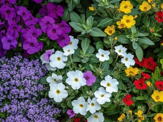 Colorful and Vibrant Flower Bed Displaying a Variety of Blooms in an Outdoor Garden Setting Perfect for Nature Lovers and Gardening Enthusiasts