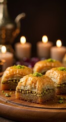 Naklejka premium Baklava pieces with nuts are beautifully arranged on a wooden platter amidst candles