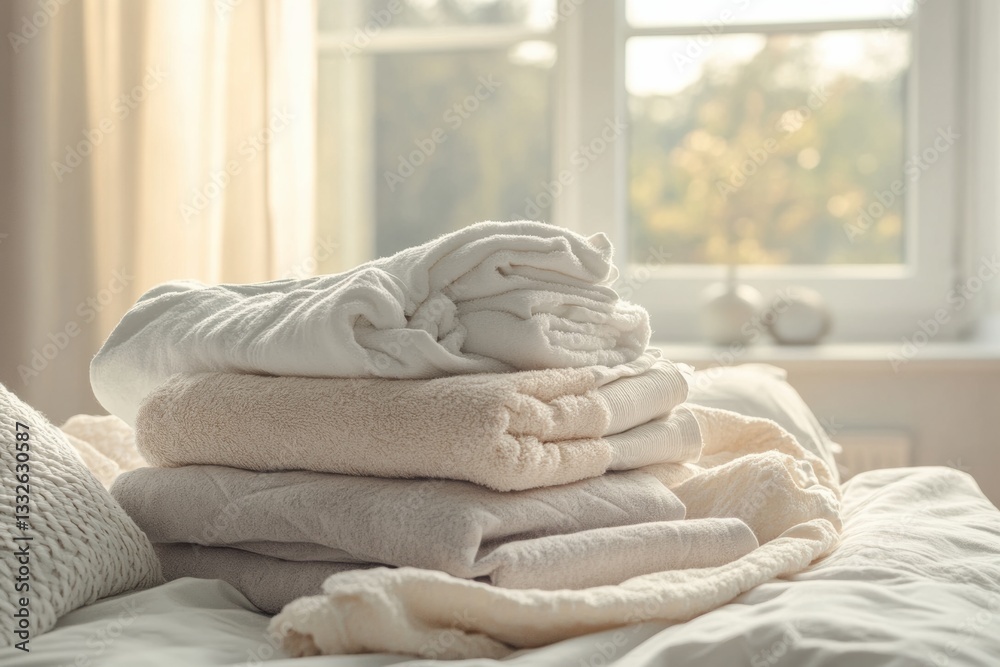 Leinwandbilder Freshly washed towels and linens create a cozy atmosphere in a clean bedroom with soft natural light filtering through the window Generative AI