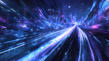 Futuristic Cityscape High-Speed Night Drive Through Neon-Lit Metropolis
