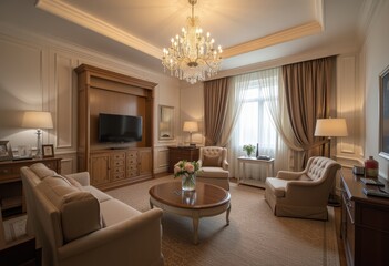  Luxury Hotel Suite with a Chandelier and a Spacious Living Area