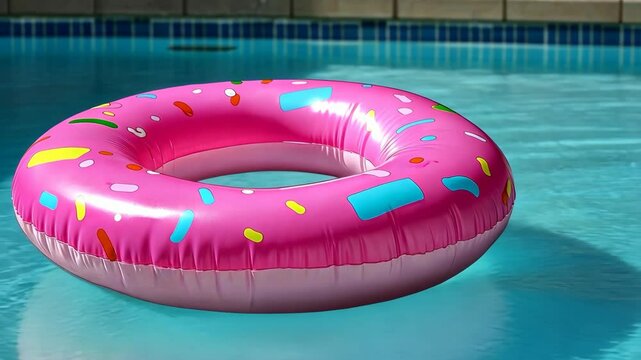 Colorful inflatable donut pool float resting in clear blue water at a sunny poolside