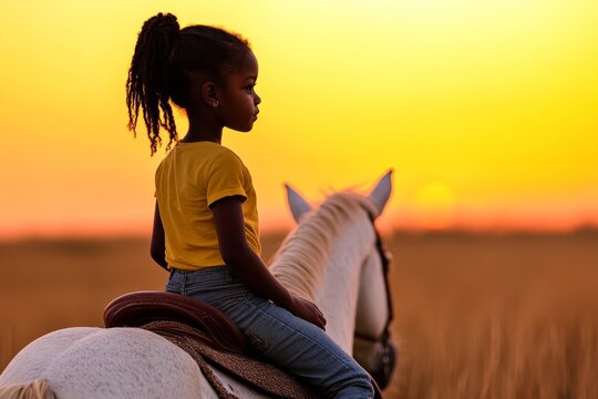 Young African American girl riding a white horse through golden fields at sunset enjoying a peaceful moment in nature