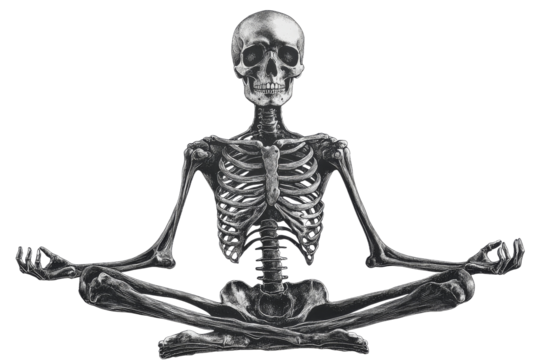 Skeleton in lotus position for meditation, yoga, cut out transparent