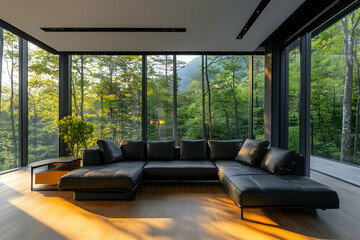 Modern living room with a black leather sofa, wooden table, and glass window overlooking a forest