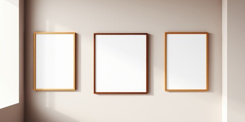 Three Blank Frames on a Pale Wall, Ideal for Mockups and Interior Design Projects