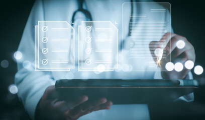 Doctor, person and healthcare professional using pen virtual screen checklist survey, fill check digital report form checklist, assessment, questionnaire, evaluation, online survey, online exam.