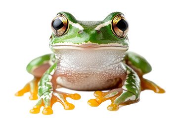 Green frog with golden eyes portrait, isolated on black background, cut out transparent