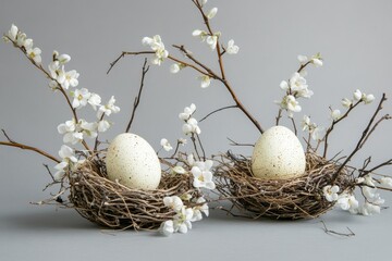 Obraz premium Two speckled Easter eggs in bird nests, adorned with blooming branches.