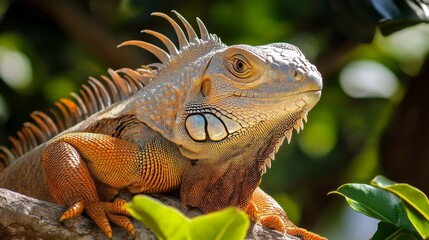 Obraz premium Iguana basking backyard gigapixel image sunny environment close-up iguana's scaly skin