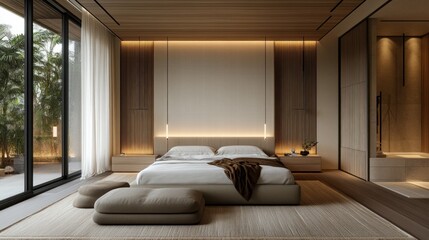 This serene bedroom highlights a minimalist aesthetic with soft textiles and a clutter-free setting. Natural light floods in, enhancing the calming atmosphere, making it perfect for relaxation