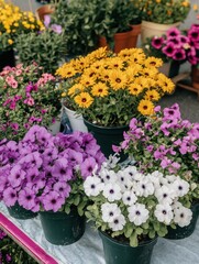 Colorful array of blooming flowers in pots, featuring vibrant yellow daisies, purple petunias, and mixed blossoms at a lively garden market display