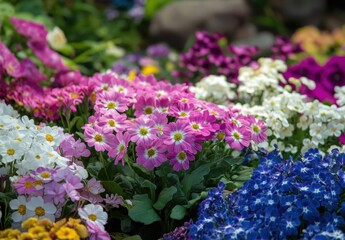 Obraz premium Colorful assortment of blooming flowers in a vibrant garden showcasing pink, white, and blue petals under natural sunlight in a lush green setting