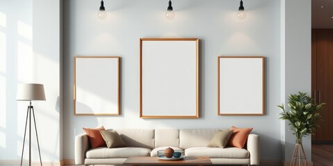 Modern living room interior with blank frames and beige sofa