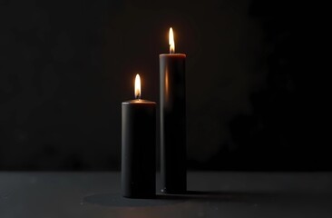 Elegant black mystic candles, casting a soft glow in a minimalist style on a black background.
