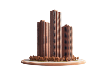 High-Rise Buildings Model on Platform, Trees Around , cut out transparent
