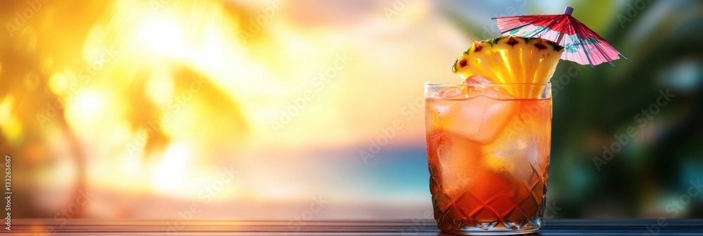 Poster enjoying a refreshing exotic cocktail with pineapple and umbrella on a sunny beach generative ai