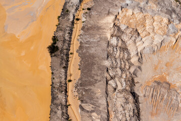 Drone aerial photograph of soil affected my mining runoff water showcasing unnatural colourisation...